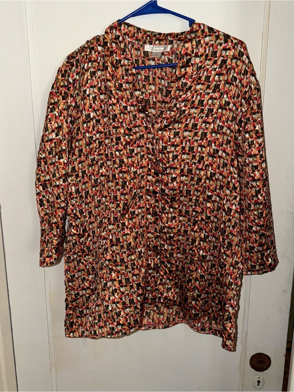 CJ Banks Button Up Tunic Shirt Size 1X Multicolor Print Long Sleeve Light Weight
